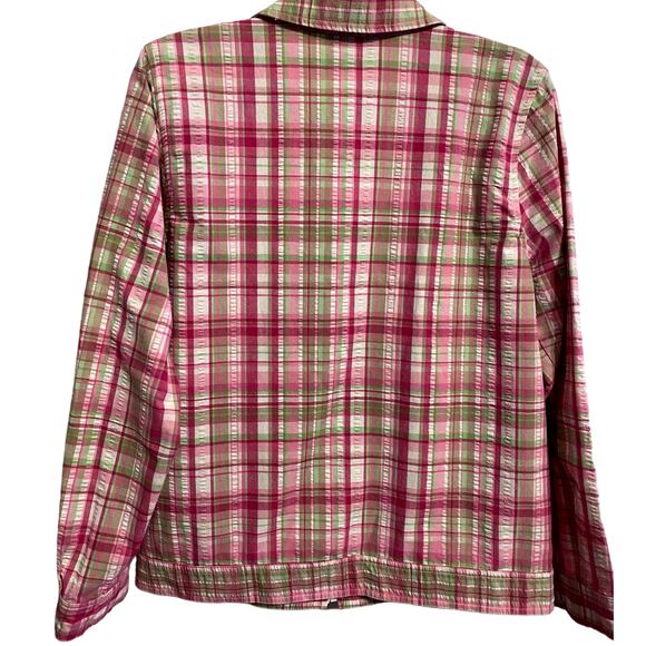 Breckenridge Womens Zip Up Collared Shacket Medium Pink Green Plaid Preppy Thin - Picture 3 of 11